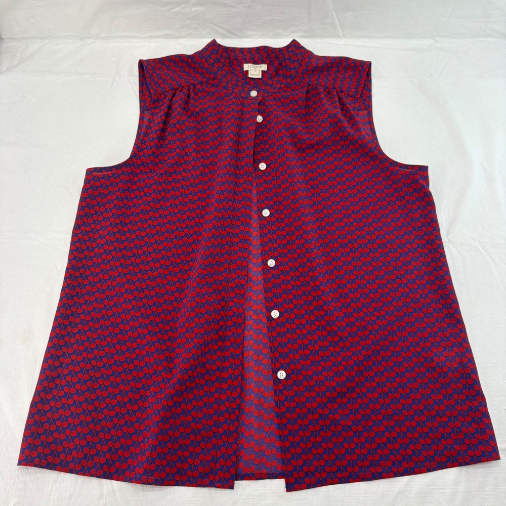 J.Crew Womens Cherry Print Sleeveless Button Down Blouse Blue Red G2245 10